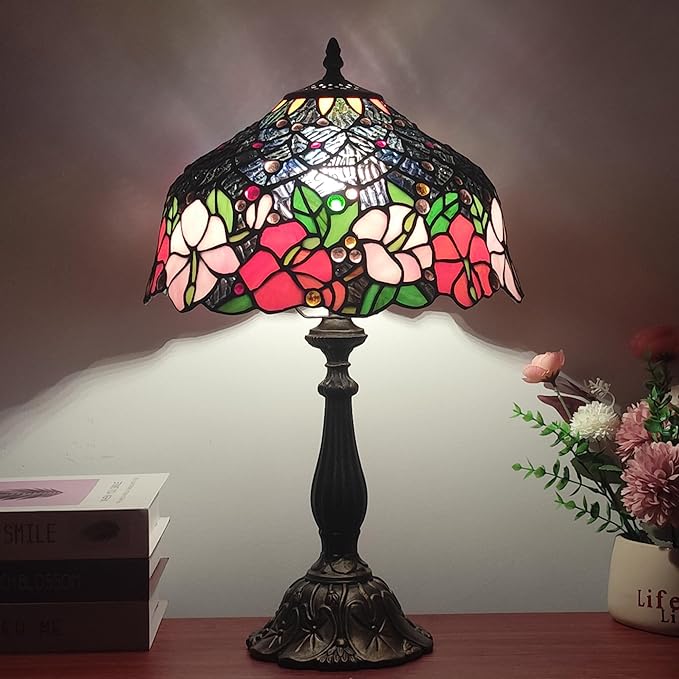 Tiffany Lamp Stained Glass Table Lamp Tiffany Style 3-Way Vintage Beside Reading Light 12 inch Flowers Style Antique Nightstand Light (Red Pink Flowers)