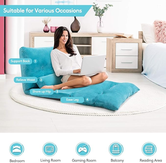 Giantex Adjustable Floor Sofa Couch, Multi-Functional 6-Position Foldable Lazy Sofa Sleeper Bed, Blue, Corduroy, Iron Frame, 70.5" x 42.5" x 7"