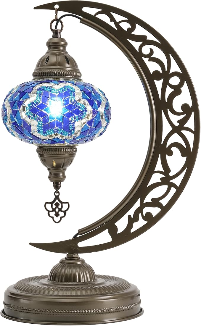 Mozaist Moroccan Mosaic Crescent Shape Table Lamp, Turkish Moon Tiffany Style Handmade Desk Dim Light, Farmhouse Living Room Luna Lighting, Unique Turkish Gift with E12 Socket & US Plug (Sea Blue)
