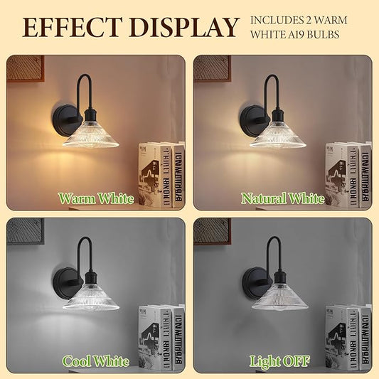 Wall Sconce Set of 2, Black Vintage Light Fixtures with Round Clear Glass Lampshade, Hardwired Sconces Wall Lighting for Bedroom, Bathroom, Living Room | Includes 2 LED Bulbs