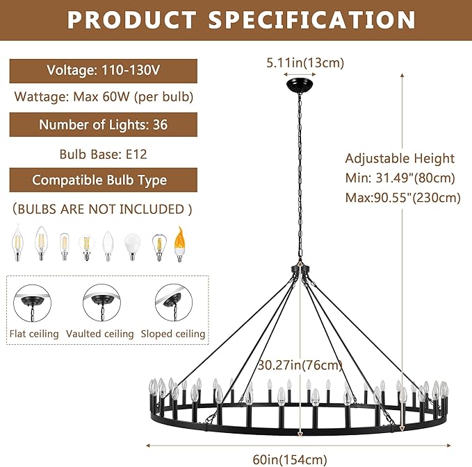Black Extra Large Wagon Wheel Chandelier, 60 inch 36 Lights Farmhouse Chandelier, Industrial Candle Round Pendant Light Fixture for High Ceiling Living Room Dining Room Outdoor Porch Entryway Hallway