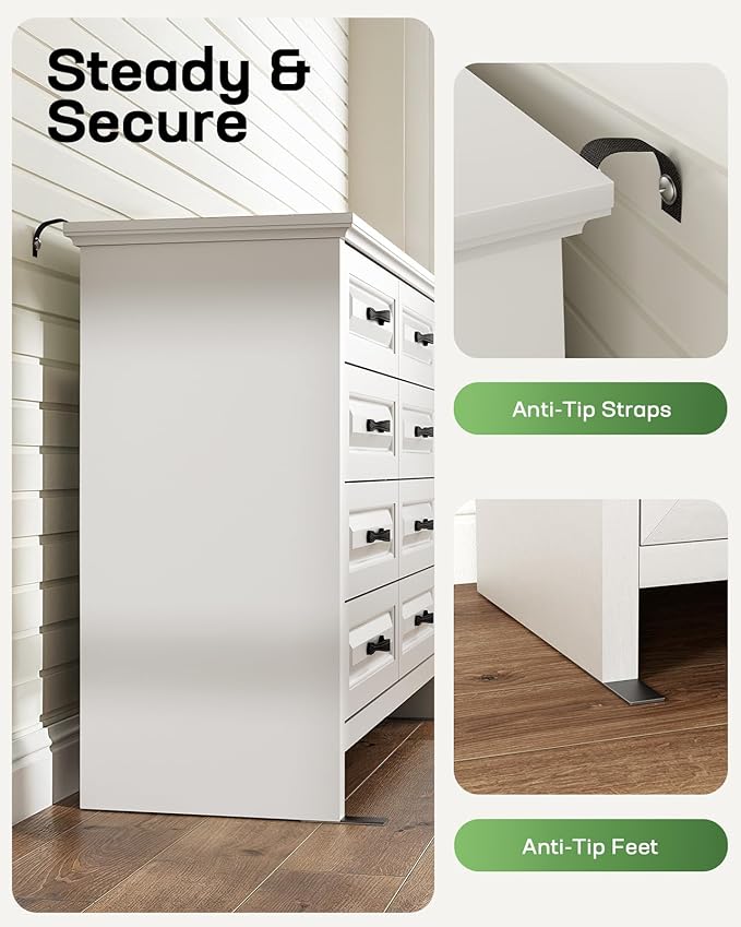 Marsail 8-Drawer Farmhouse Dresser, Solid Wood Storage Space, Sturdy Wide Chest with Smooth Glide Drawers & Anti-Slip Kit, for Bedroom or Hallway, White
