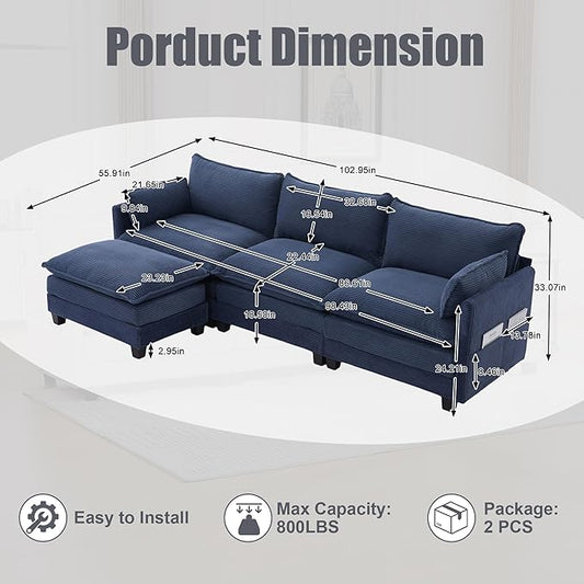 103" Oversized Modular Sectional Sofa Couch with Reversible Ottoman, Free Combination Convertible Corner Couch,Corduroy Upholstered Cloud Sectional Couch with Side Pockets | Multiple Cushions, DIY Combination, Removable Cover