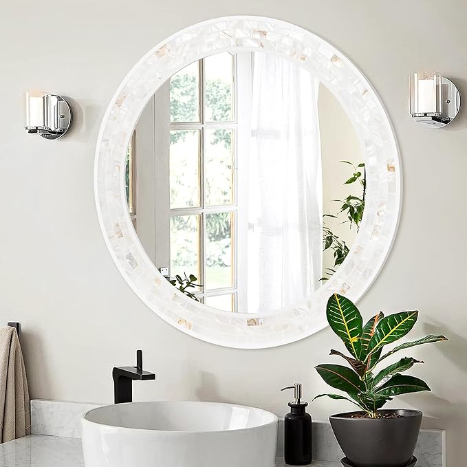 Tanmicoshomy Round Wall Mirror 28 Inch,Circle Mosaic Mirror with Natural Shell and Wood Frame, Decorative Coastal Round Wall Mirror for Bathroom Bedroom Living Room Entrayway