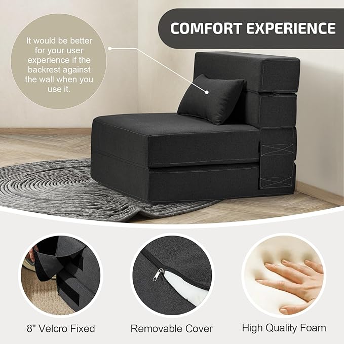 SUYOLS Folding Sofa Bed with Pillow- Convertible Chair Floor Couch & Sleeping Mattress, Foldable Memory Foam Sleeper for Living Room/Dorm/Guest Room/Home Office/Apartment/Loft, Single28, Dark Gray