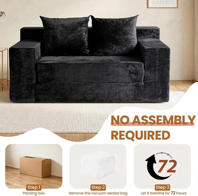 Convertible Sofa Bed, 5 in 1 Small Boneless Couch Pull Out Loveseat Sleeper Sofa,Corduroy Futon Couch Folding Mattress with 4 Pillows for Living Room (Black, Loveseat(Silky Velvet))