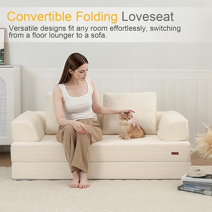 COMAX Futon Sofa Bed, Convertible Folding Sofa Bed, Boneless Couch Loveseat Corduroy with Pillows, Small Foldable Floor Couch Comfy Lounge Sleeper for Living Room Bedroom, Beige