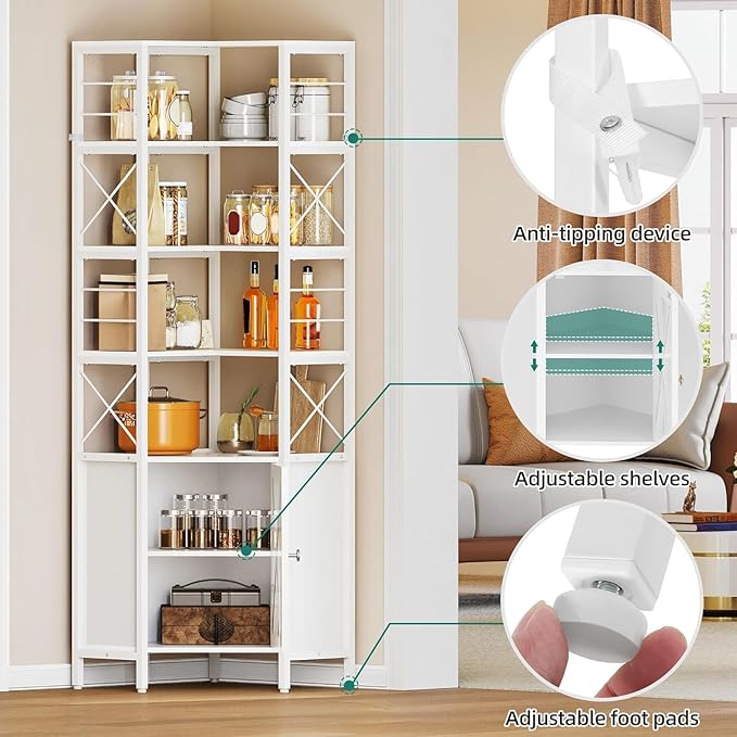 YITAHOME Corner Shelf with Door, 7-Tier Tall Bookshelf, Bookcase Cabinet with Shelves Freestanding Storage Stand for Living Room, Kitchen, White