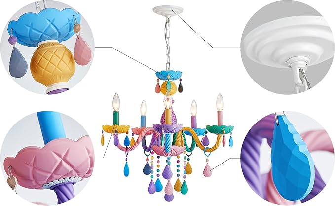 Shrine Lighting Multi Colored Crystal Chandeliers, Pastel Design, Perfect Colorful Chandelier for Bedroom Space, D23'' x H22'', Adjustable Chains 60", E12*5 Sockets, Youthful Spirits Color