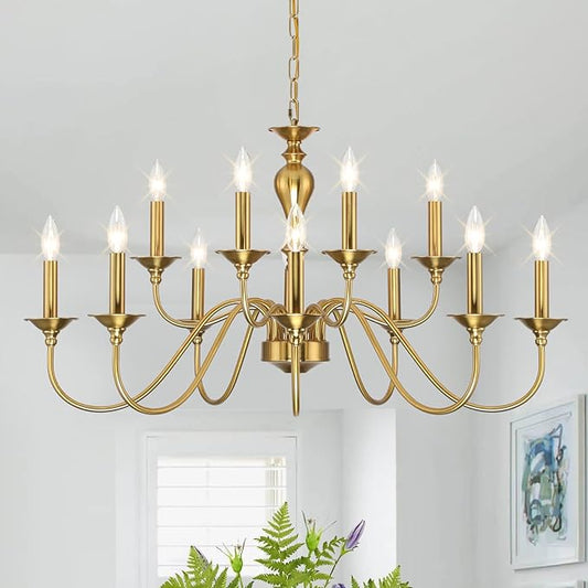 12 Light Gold Farmhouse Chandeliers for Dining Room Light Fixtures Over Table,Industrial Candle Hanging Chandelier for Living Room Foyer Staircase Bedroom Kitchen Island Restaurants