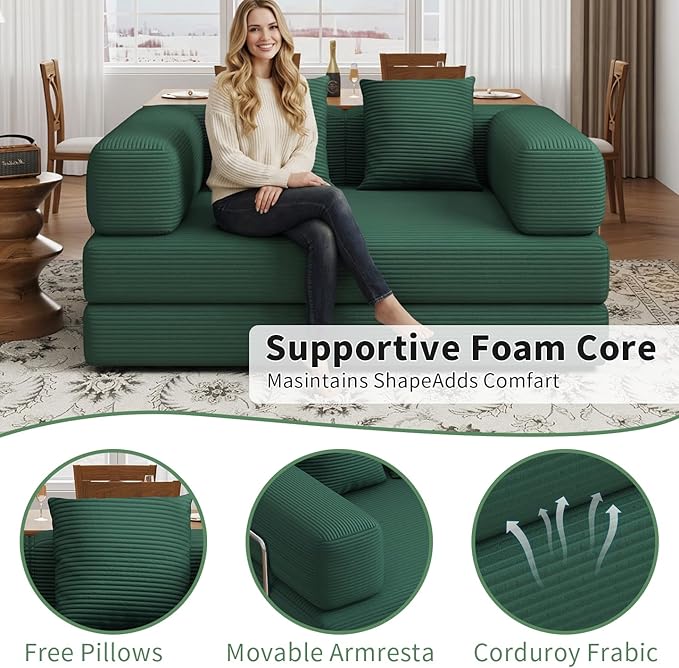 BSHOMGI Folding Sofa Bed Convertible Corduroy Couch Queen Size Floor Sleeper 4-in-1 DIY Combination Modular Lazy Sofas Fold Futon Lounge for Living Room (Green, 53.15" Double Sofa)