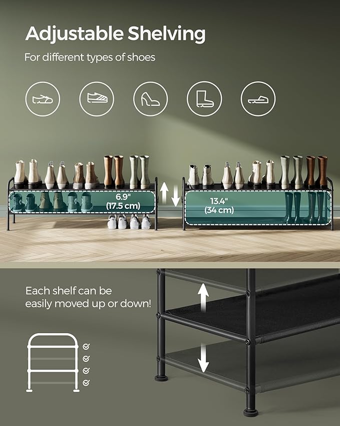 SONGMICS Shoe Rack, 2-Tier Shoe Organizer, Fabric Shoe Shelf Storage with 4 Hooks, Holds up to 12 Pairs of Shoes, Height-Adjustable Shoe Rack for Entryway, Hallway, Closet, Easy Assembly, Ink Black