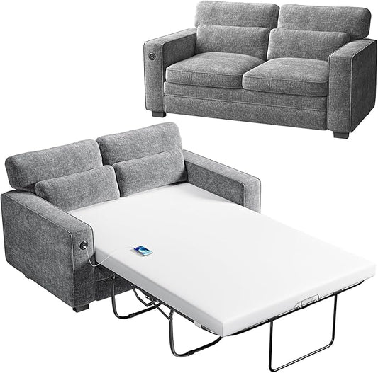 Marsail Pull Out Sofa Bed, Full Size Sleeper Sofa with Memory Foam Mattress, 2 USB Charging and Removable Covers, Loveseat for Living Room, Apartment, Supports 600 LBS, Chenille Fabric, Grey