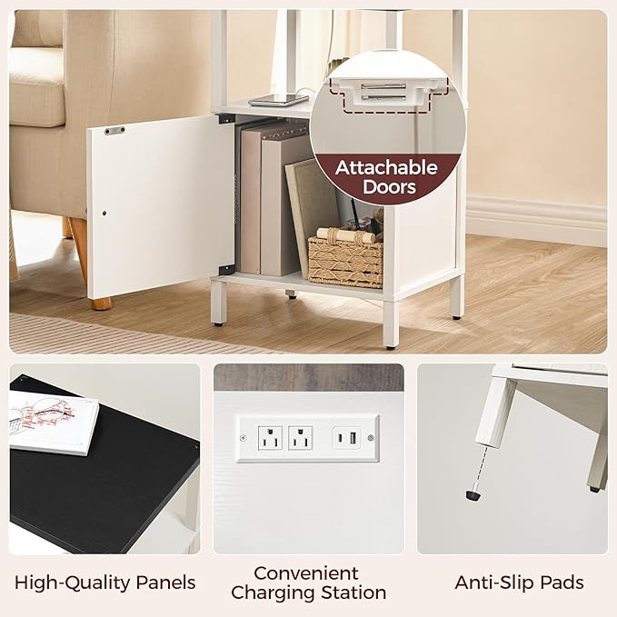 Farmhouse Nightstand with Charging Station, White Bedside Table with USB&Type-C Ports and Outlets, End Table with Storage, Night Stand for Bedroom, White and Black ETBW96E01