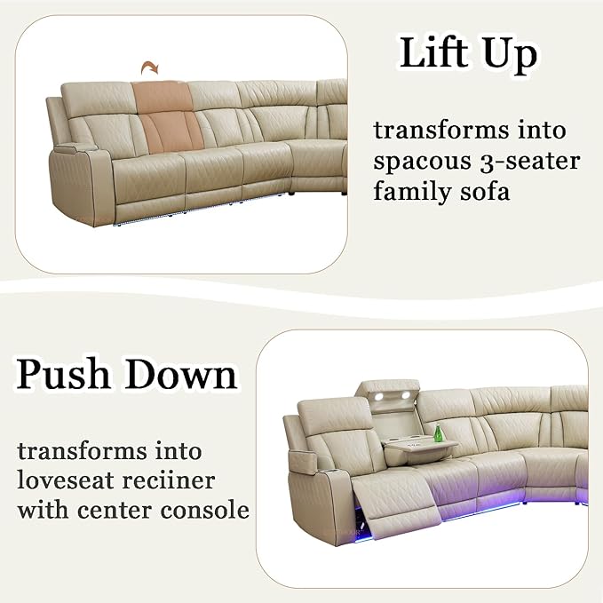 Living Room Furniture Sets, Power Recliner Sectional Sofa with LED Light for Living Room, Leather Reclining Sectional Couches Set, Cup Holder, Storage Console for Home Theater Seating
