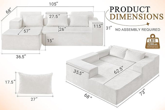 HABUTWAY 105" L-Shape Modular Sectional Sofa Couch for Living Room,No Assembly Required,Modular Comfy Sofa with Deep Seat for Living Room Bedroom,Luxury Distressed Velvet(Left,Beige)