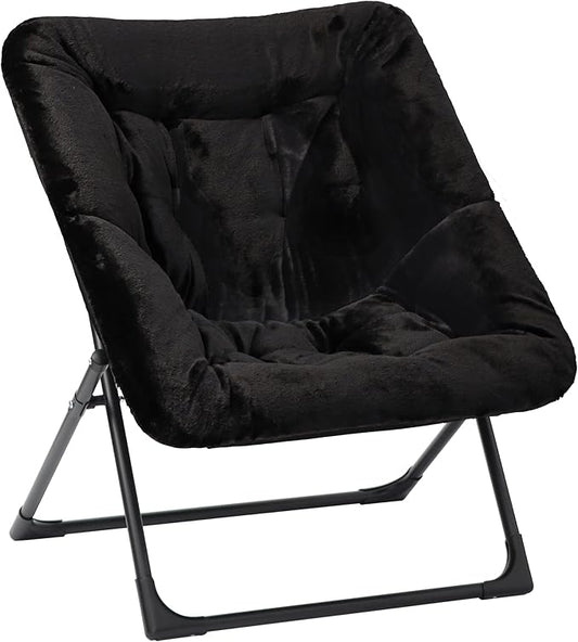 Comfy Saucer Chair for Adults, Soft Faux Fur Bedroom Chair, Accent Dorm Chairs, Flexible Living Room Reading Chairs, Oversized Folding Seat for Teens, X-Large, Black