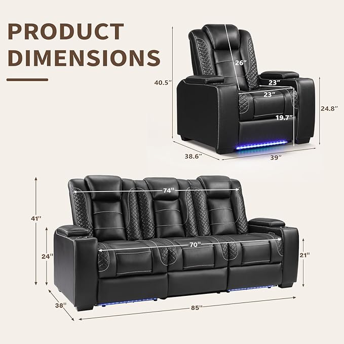 ANJ Power Recliner Sofa Set, Faux Leather Reclining Living Room Furniture Set, Included 2PCS Recliner Chair and 3 Seat Recline Sofa