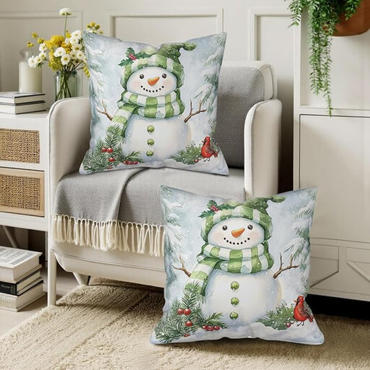 Set of 2 Winter Pillow Covers 20x20 Green Snowman Pine Tree Holly Berry Cardinal Bird Throw Pillow Covers Holiday Pillow Case for Home Decor Couch Sofa