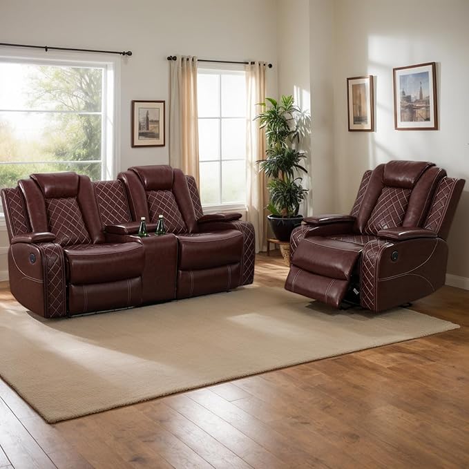 Breathing Leather Power Recliner Sofa Set, 2 Piece Leather Loveseat and Recliner Chair Set, Living Room Furniture Set with Storage Console/LED Lighting (Auburn, Loveseat+Chair)