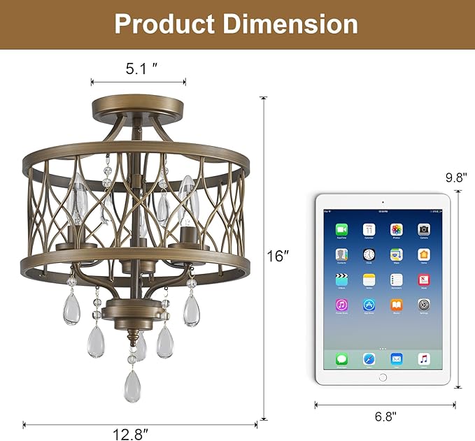 Farmhouse Crystal Ceiling Light Fixture, 3-Light Semi Flush Mount Crystal Chandelier Light Fixture Rustic Vintage Bronze Pendant Ceiling Lamp for Hallway Corridor Kitchen Entryway Bedroom Living Room