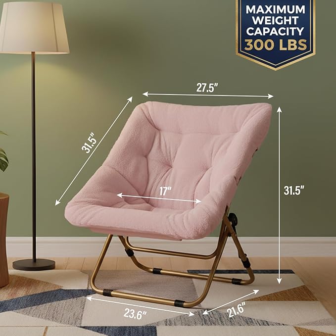 Tiita Comfy Folded Chair, Soft Faux Fur Oversized Folding Accent Chair, Lazy Chair for Teens Adults, Metal Frame Moon Chair for Bedroom, Living Room, Dorm Rooms, X-Large Pink