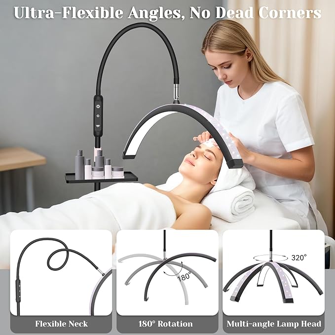 Bling Lash Light for Eyelash Tech, Flexible Neck Led Half Moon Light Floor Lamp for Eyelash Extensions/Tattoo Artists/Estheticians, Sparkly Lash Lights, with Stand Tray, Crystal Diamond