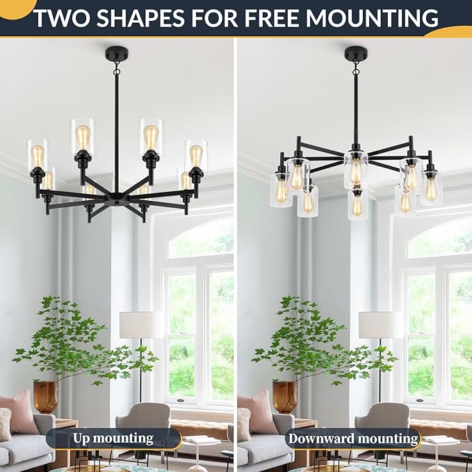 Black Chandeliers for Dining Room Light Fixture, Modern Farmhouse Chandelier, 8 Lights with Clear Glass Shade Industrial Hanging Lighting for Living Room Kitchen Island Bedroom