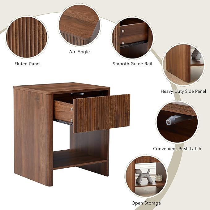 Fluted 1 Drawer Small Dresser for Bedroom, Mid Century Modern Nightstand with Drawers, Low Bedside Table with Drawers, End Table Short Storage, Living Room, Dorm -Walnut