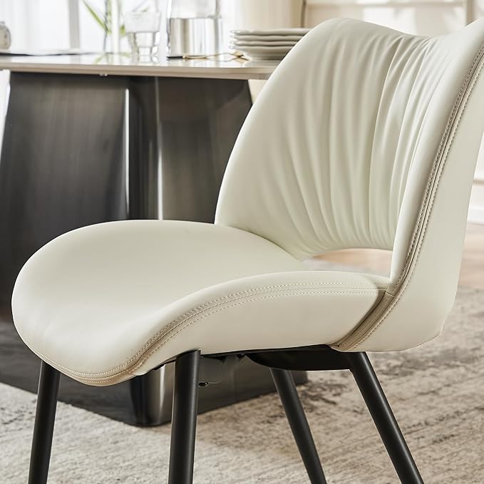Rowill White Dining Chairs Set of 2, Upholstered Dining Room Chairs with Hollow Back, Faux Leather Kitchen Chairs for Dining, Mid Century Modern Dining Chair with Curved Seat