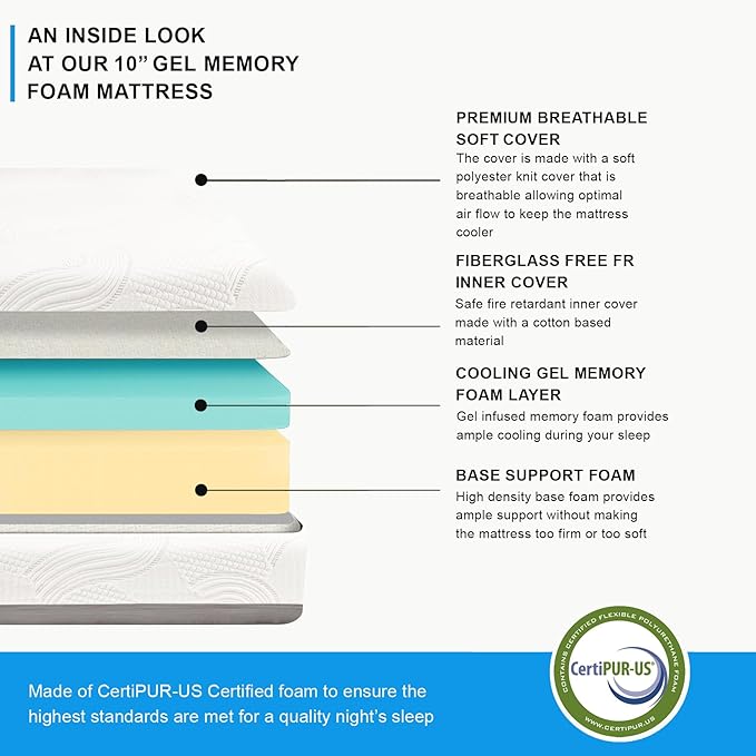 Twin Size 10-Inch, Gel Memory Foam Mattress, Medium Firm Feel, Breathable, Cool Sleep and Pressure Relief, CertiPUR-US Certified, Temperature Balanced