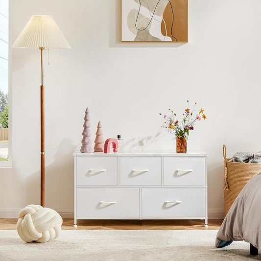 DUMOS Dresser for Bedroom, 5 Storage Drawers, Wide Fabric Closet Chests Organizer Tower Furniture with Wooden Top Metal Frame for Clothes, Guest Room, Living Room, Hallway, Entryway