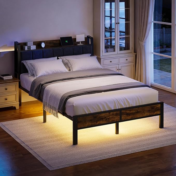 Full Size Bed Frame with Smart LED Light, Wood Storage Charging Station Headboard, Metal Platform Bed, No Box Spring Required, Easy Assembly, Noise Free