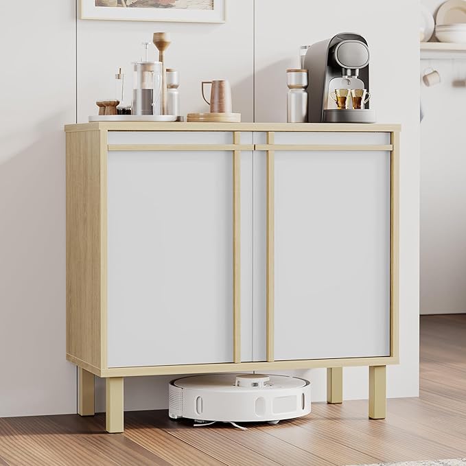 Sideboard Buffet Cabinet with Storage, 2 Doors, Adjustable Shelves, Wooden Mid Century Coffee Bar Cabinet for Entryway, Living Room, Kitchen, Natural/White