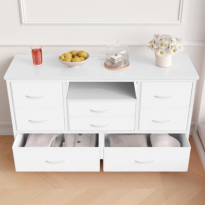 Jojoka 8 Dresser TV Stand with Power Outlet & LED for 55'' TV, Long Dresser for Bedroom with 8 Deep Drawers, Wide Console Table for Storage in Closet, Living Room, Entryway, Wood Top (White)