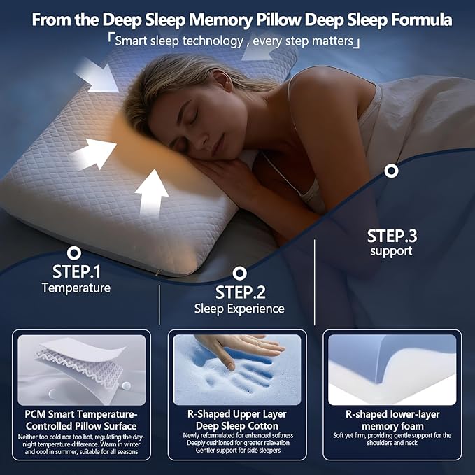 Memory Foam Pillow, Cooling Contour Bed Pillow for Sleeping, Medium Firm Neck & Shoulder Support, Double-Sided Design for All Seasons, Washable Cover (White Upgrade, 16 × 28 × 3 in)