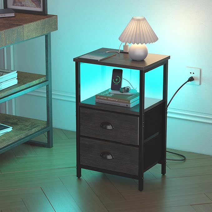 Nightstand with Charging Station, LED Night Stand Set of 2, Bedside Table End Table with Drawer, Bedroom Tables with 2 Fabric Drawers, 3-Tier Storage Side Table for Bedroom, Black Oak
