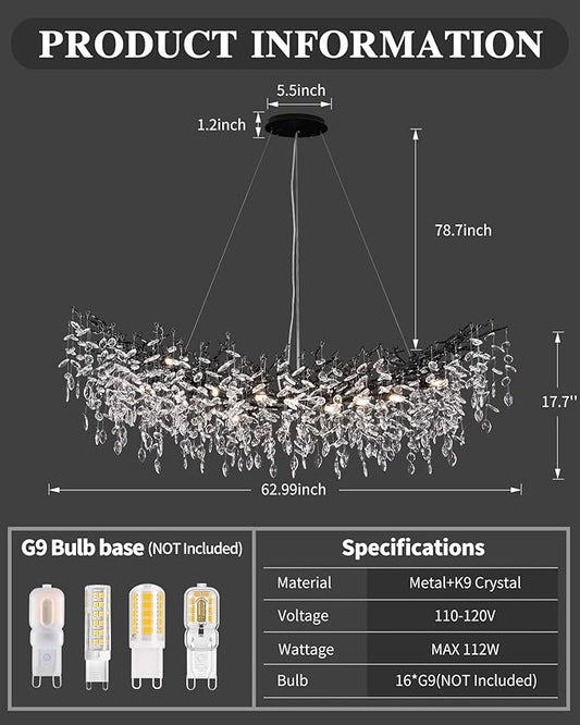 Black Chandelier, 16 Light Modern Chandelier for Dining Room Over Table, Industrial 63" Hanging Lighting with K9 Crystal Tree Branch Rectangular Chandeliers for Living Room Kitchen Island
