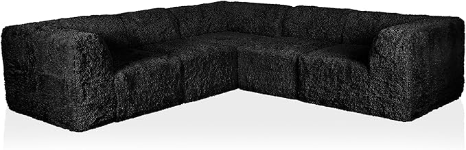 Furniture of America Havyn Modern Faux Fur 5-Seater L-Shaped Modular Foam Sectional Sofa, Compressed Couch in a Box, No Assembly Required, for Living Room and Office, Black