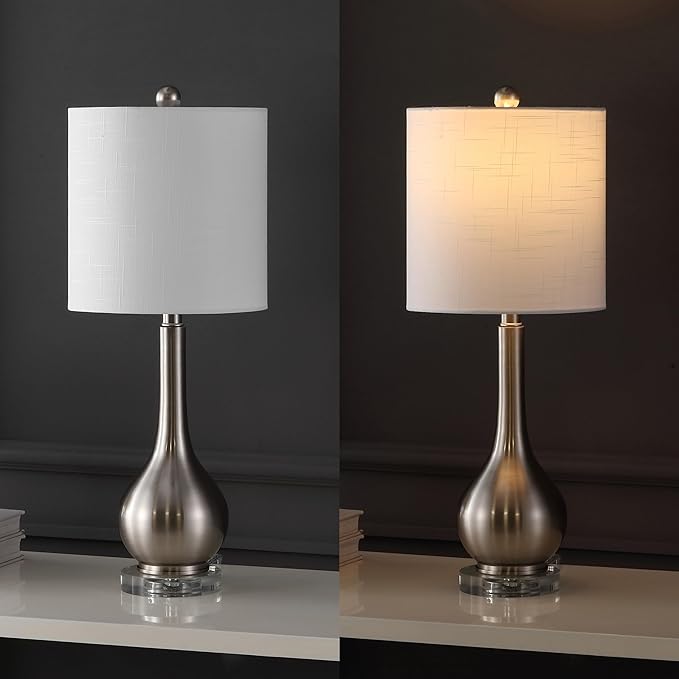 JONATHAN Y 25" Nickel Metal and Crystal Teardrop LED Table Lamp for Bedroom Living Room Bedside Nightstand, White Linen Drum Shade, LED Bulb Included, Set of 2 (JYL5010B-SET2)