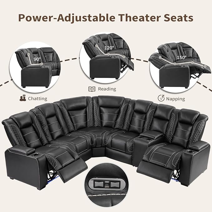 ANJ Modular Power Recliner Set: 5-Seat Home Theater Seating,3 Seat Recline Sofa and Loveseat (Center Console & Fixed Middle), LED Lights, USB Charging, Faux Leather for Living Room (Black)