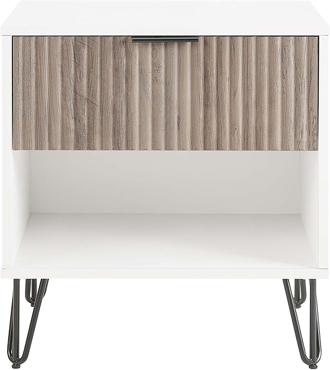 Manhattan Comfort Dumbo Fluted Nightstand with Drawer and Open Shelf, Gold Hairpin Legs and Metal Handle, Snap Tool-Free Assembly, Bedside Accent Table for Bedroom, Living Room in White & Rustic Grey