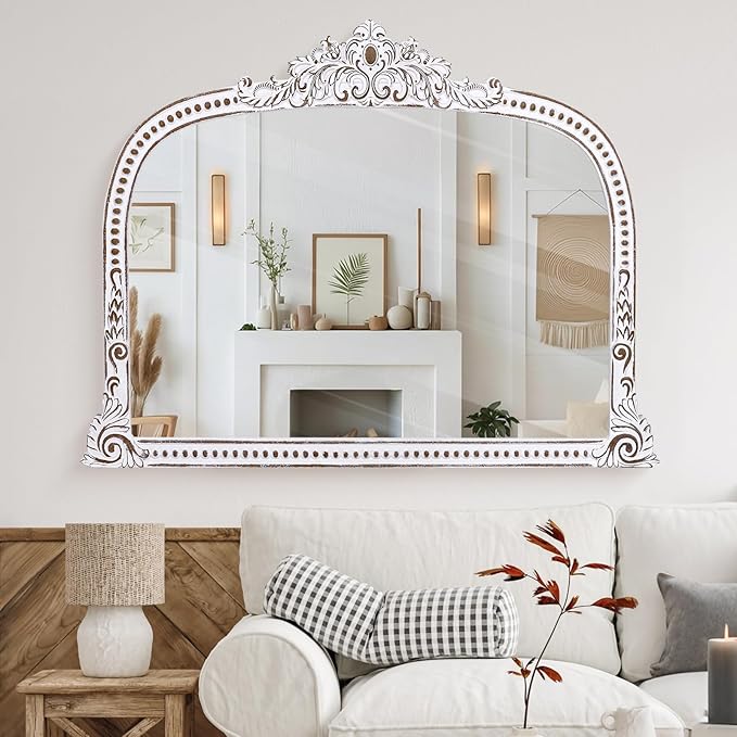 Rustic Farmhouse Woden Wall Mirror: 42x32 Inch Baroque Antique Mirror - Ornate Decorative Arched Mirrors for Fireplace Mantel, Living Room, Entryway