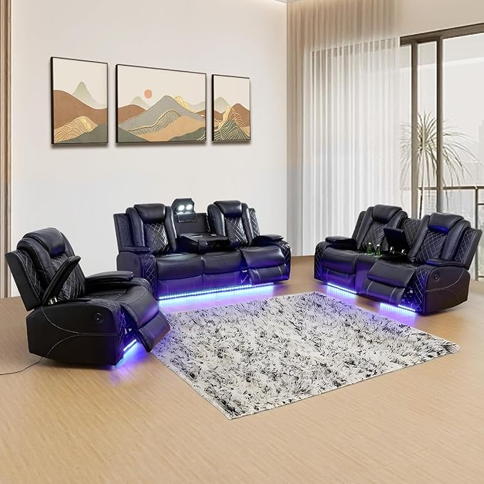 Power Recliner Sofa, Air Leather Reclining Couch with LED/Storage, 3-Seater Reclining Sofa, Black Leather Couch for House/Apartment/Office