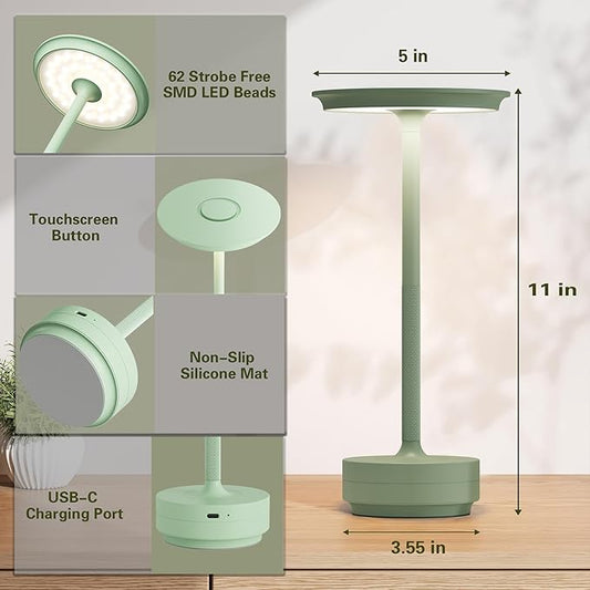 Cordless Rechargeable Table Lamps,Portable 5000mAh Battery Desk Lamp IP54 Waterproof 3 Color Stepless Dimming LED Table Light,Patio,Restaurant, Cafe, Dining Table Decor(2P Apple Green)