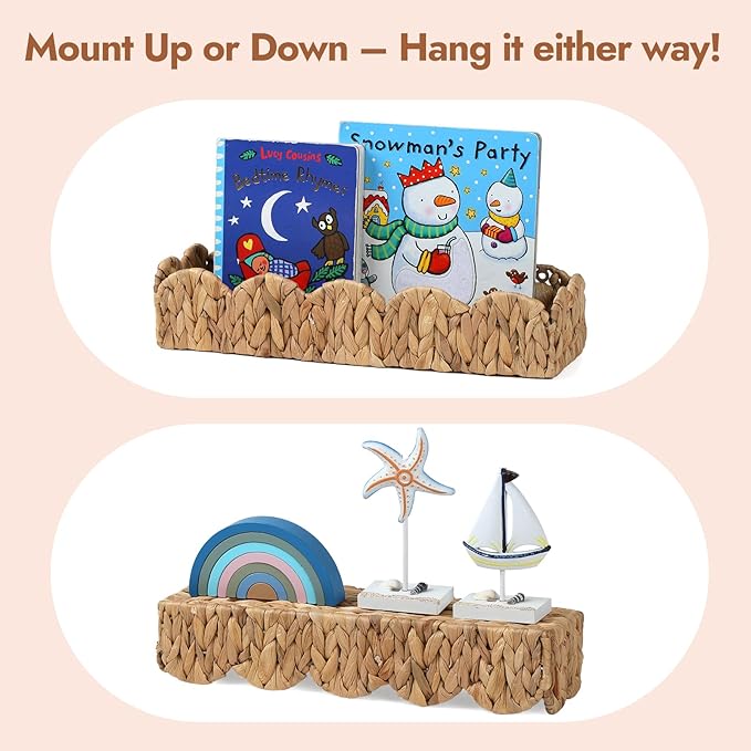 4 Pack Nursery Book Shelves, Scalloped Water Hyacinth Book Shelf for Kids Rooms, Handwoven Floating Book Shelves for Wall, 15.8” Wicker Hanging Bookshelf for Books, Toys, Photo Frames, Nursery decor