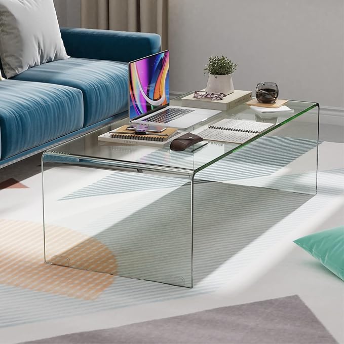 Tangkula Glass Coffee Table, 42.5" L × 20" W ×14" H, Modern Home Furniture, 0.47" Clear Tempered Glass End Table, International Occasion Tea Table, Waterfall Table with Rounded Edges (Clear)