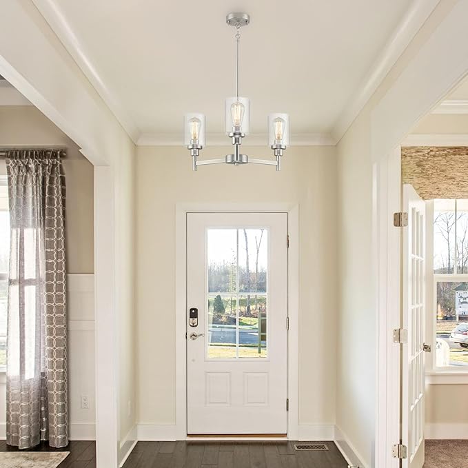 3 Lights Brushed Nickel Chandeliers for Dining Room Light Fixture Over Table, Entryway Chandelier for Foyer, Hallway Lighting Fixtures with Glass Shade for Kitchen Island Foyer Hallway
