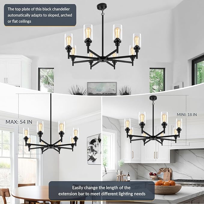 Black Chandeliers for Dining Room Light Fixture, Modern Farmhouse Chandelier, 8 Lights with Clear Glass Shade Industrial Hanging Lighting for Living Room Kitchen Island Bedroom