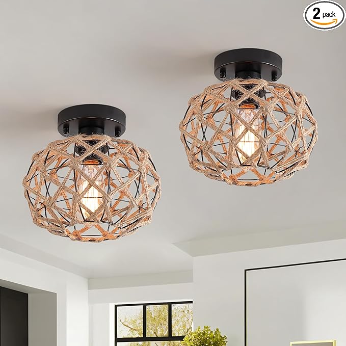 2 Pack Coastal Woven Flush Mount Ceiling Light Fixture Small Boho Rustic Hemp Rope Cage Semi Flush Mount Ceiling Light for Kitchen Hallway Farmhouse Entryway Beach, Black